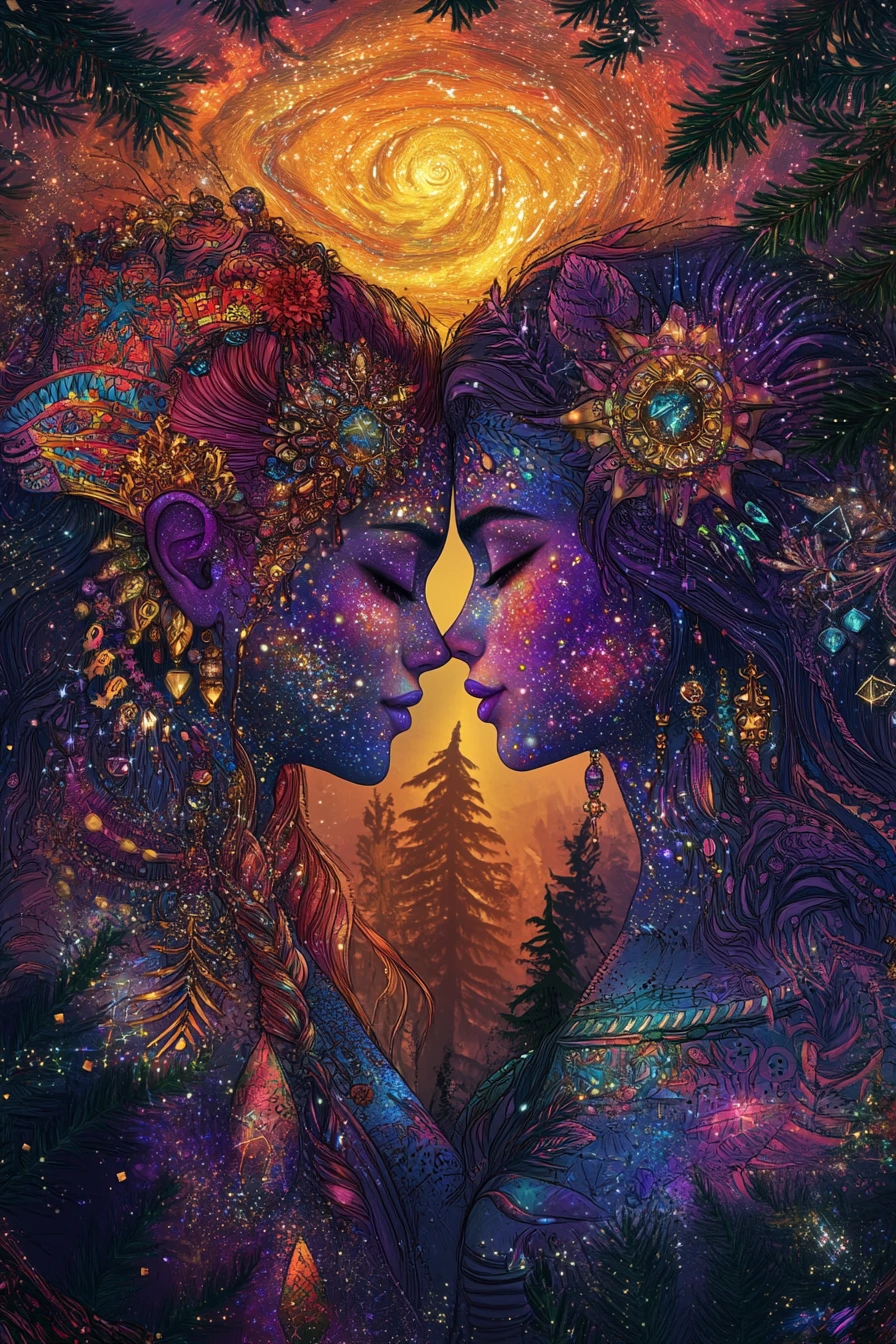 Celestial lovers in a glowing cosmic embrace at sunset