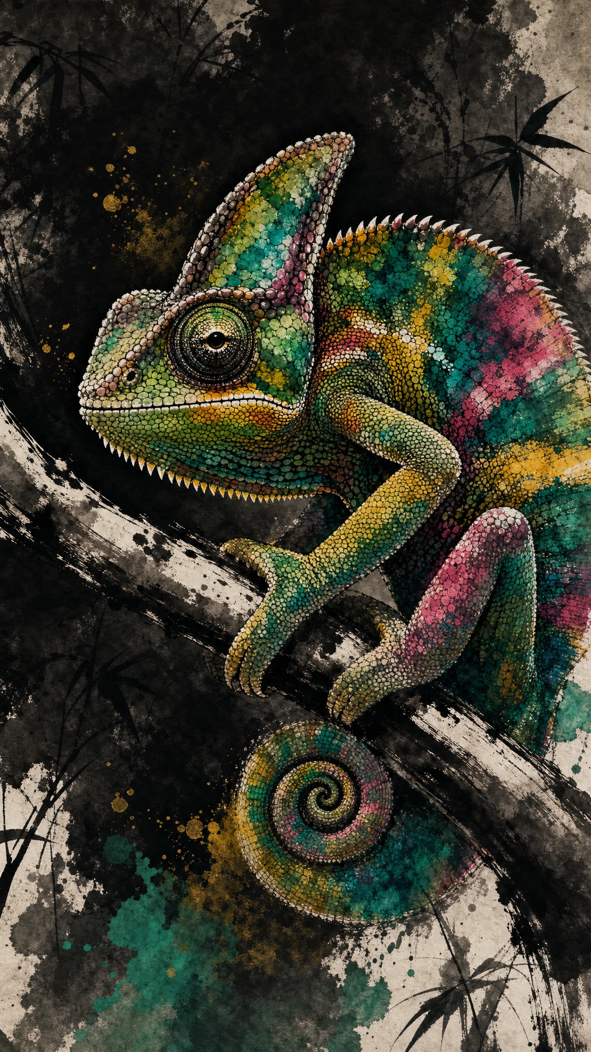 Ink painting of a colorful chameleon on a branch in forest