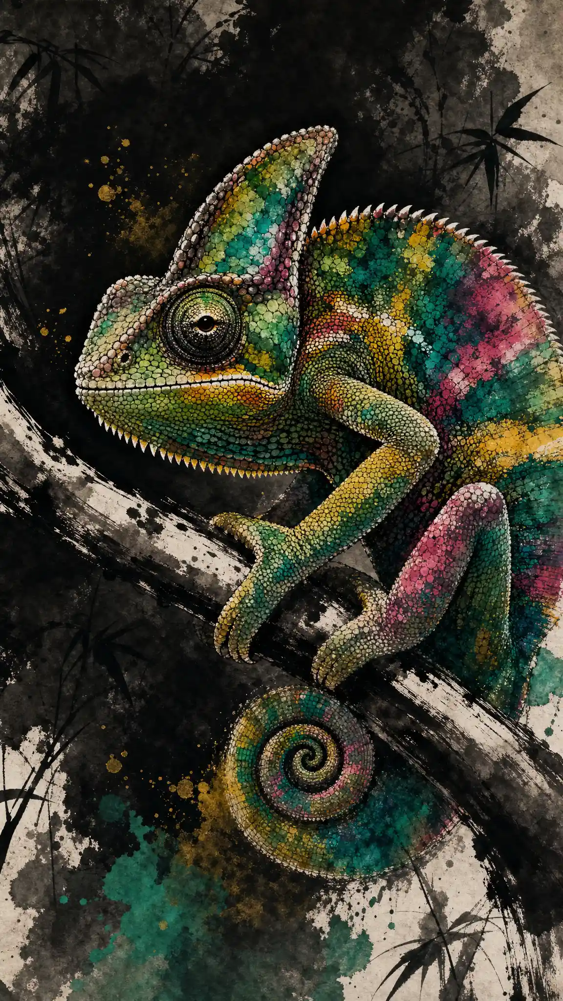 Ink painting of a colorful chameleon on a branch in forest