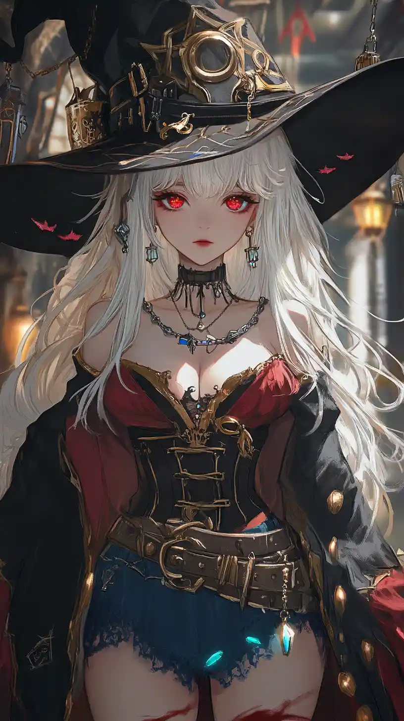 Ragazza strega anime in una luminosa città bianca fantasy