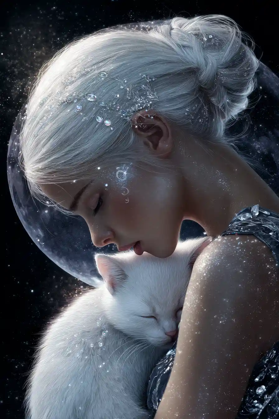 Celestial girl with silver skin cradling a sleeping kitten