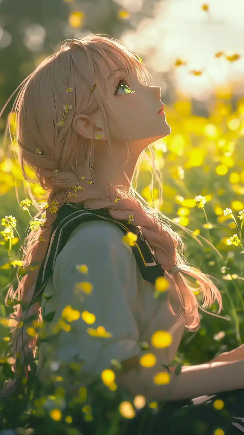 Anime girl sitting in a sunlit yellow flower field
