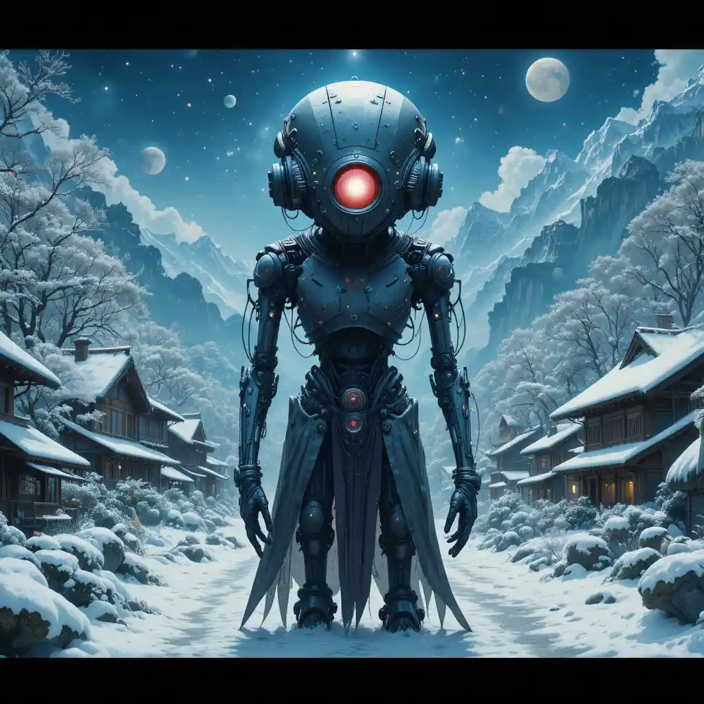Cybernetic android in a snowy Japanese fantasy village