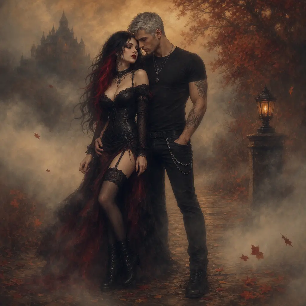 Gotische Frau im dichten Nebel mit warmen Herbsttönen