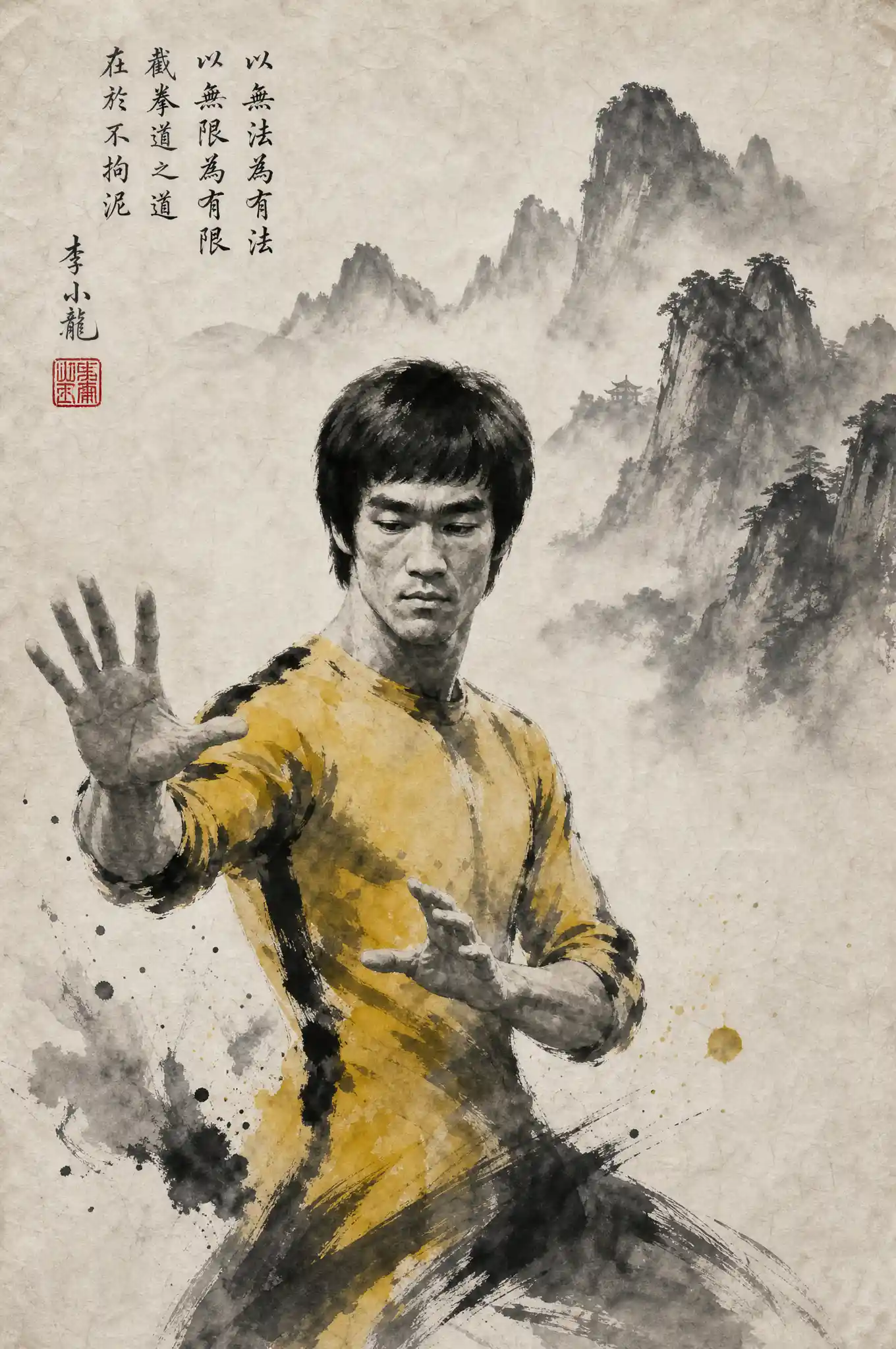 Chinese ink painting of a martial artist in meditation