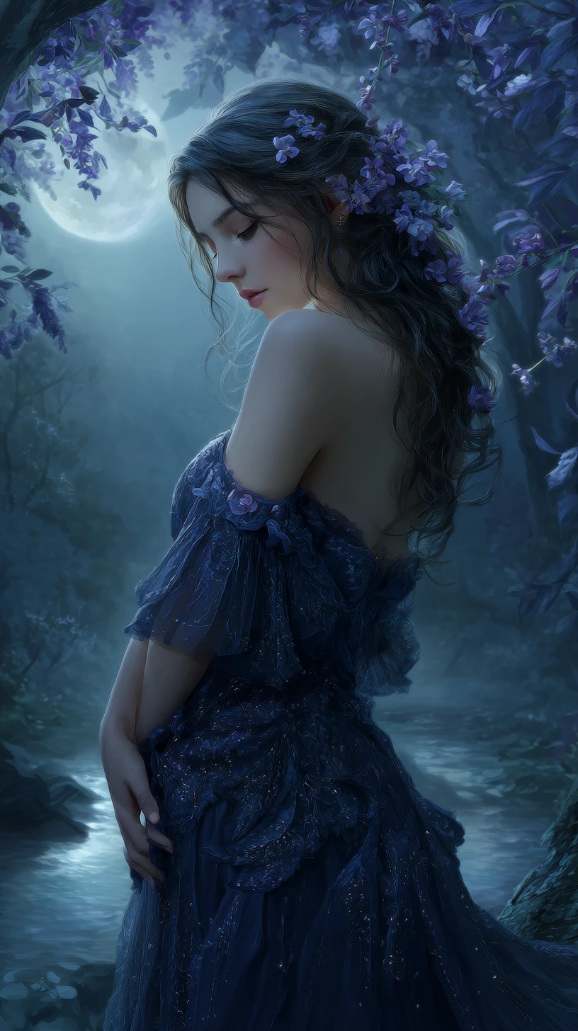 Melancholic girl in blue gown under moonlit enchanted forest