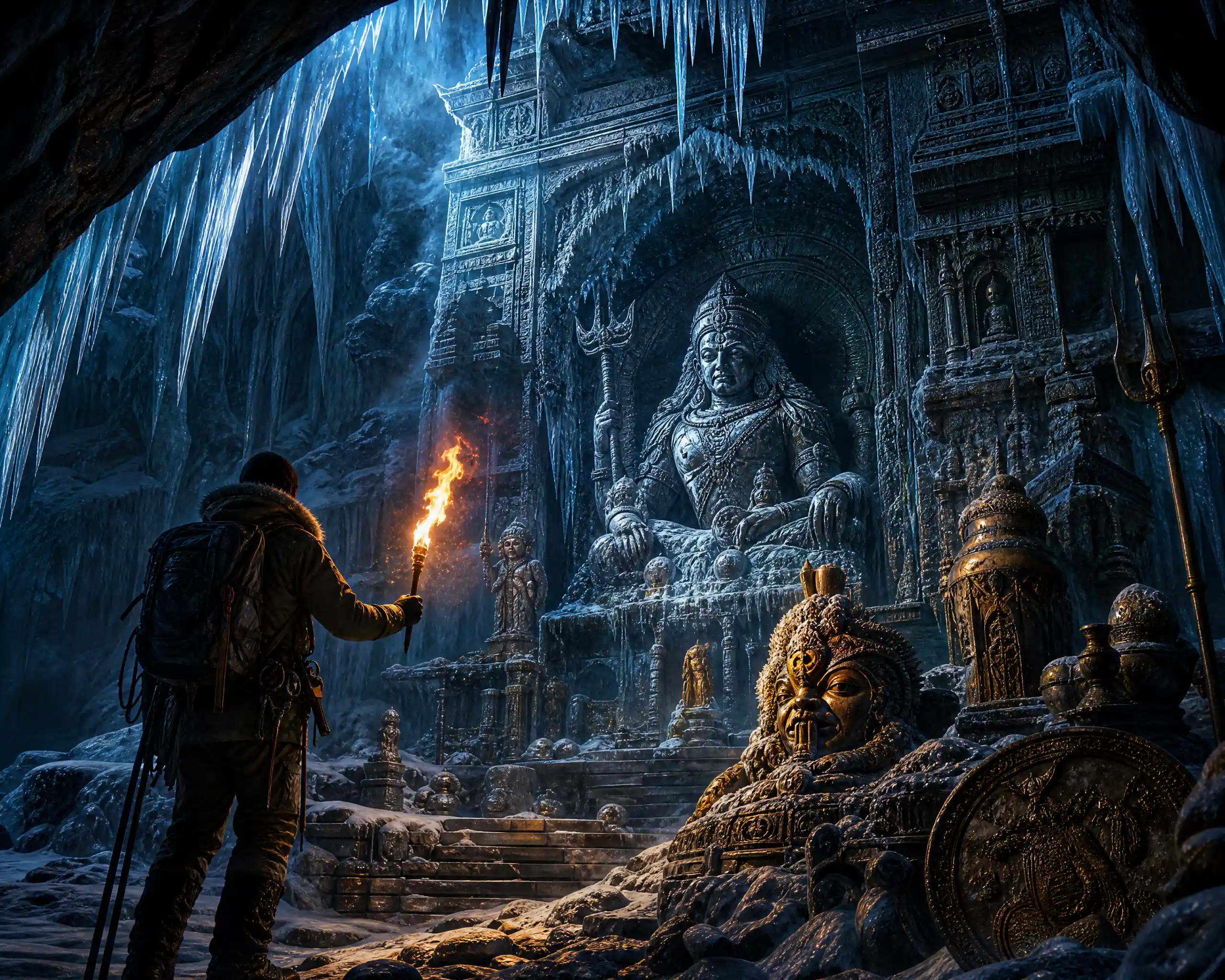 Explorer with torch in a vast glowing ice cavern