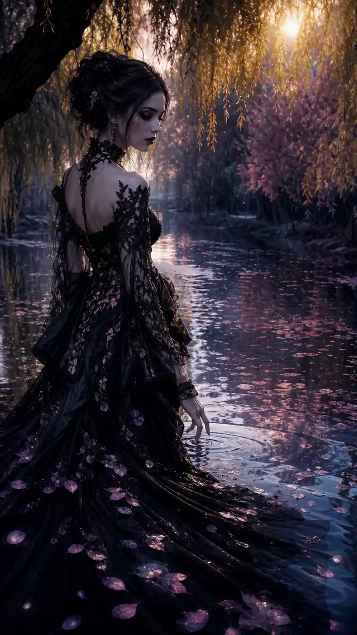 Donna gotica in abito di pizzo nero accanto a un fiume da sogno