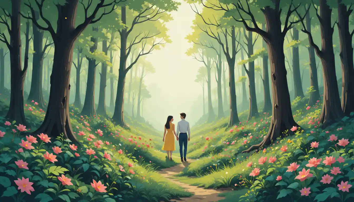 Flat forest illustration with wildflowers and a family walking