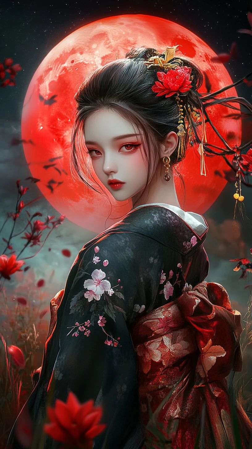 Anime woman in kimono under a crimson full moon