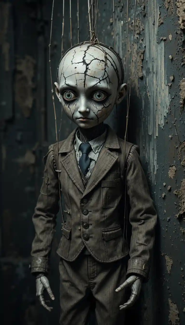 Creepy broken marionette doll against a dark peeling wall
