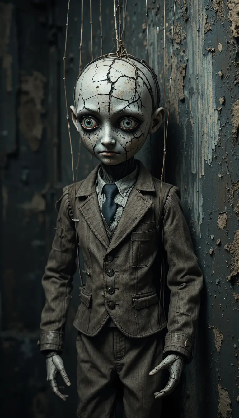 Muñeca marioneta rota y siniestra contra una pared oscura y descascarada