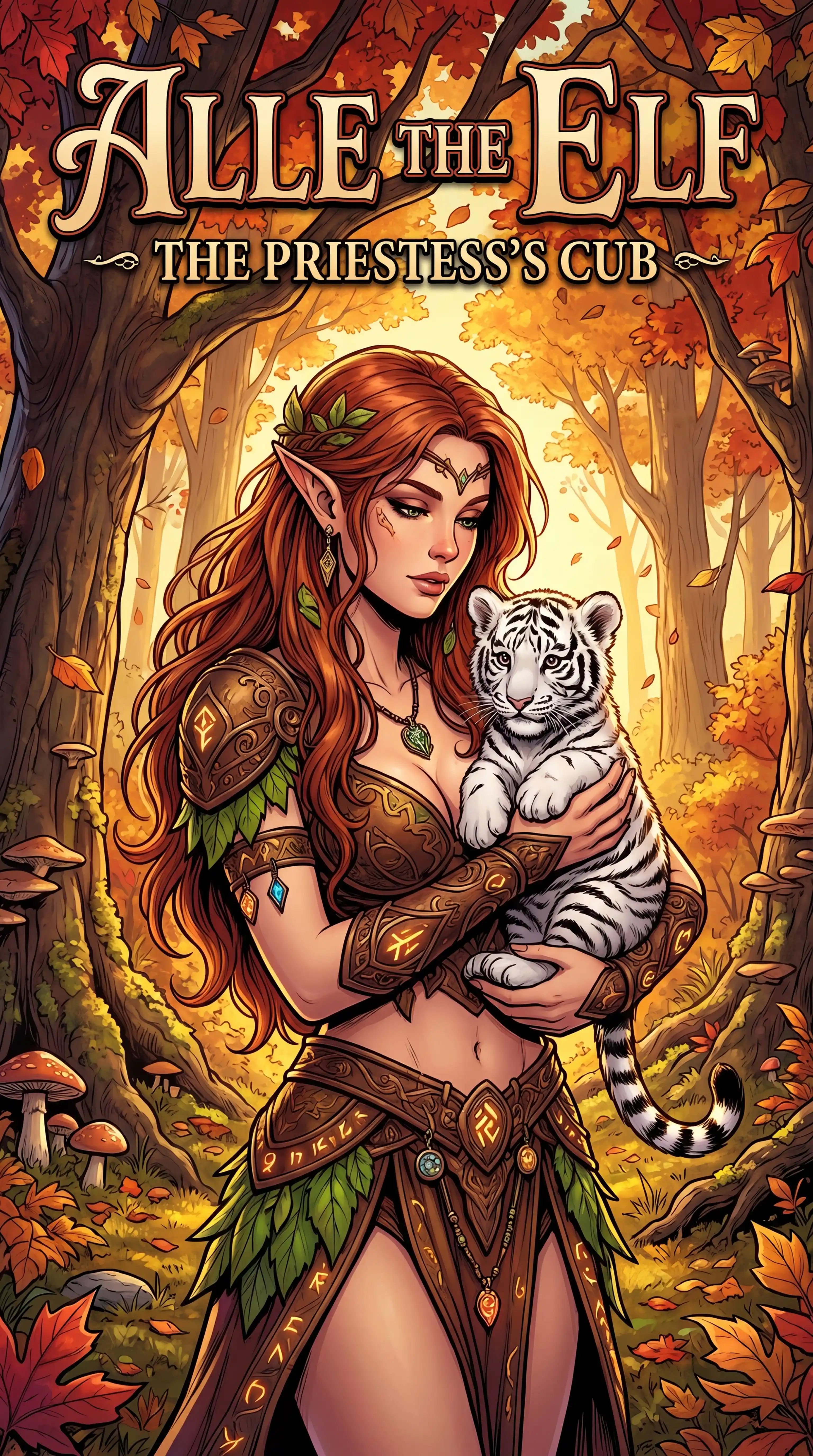Elf priestess holding a white tiger cub in autumn forest