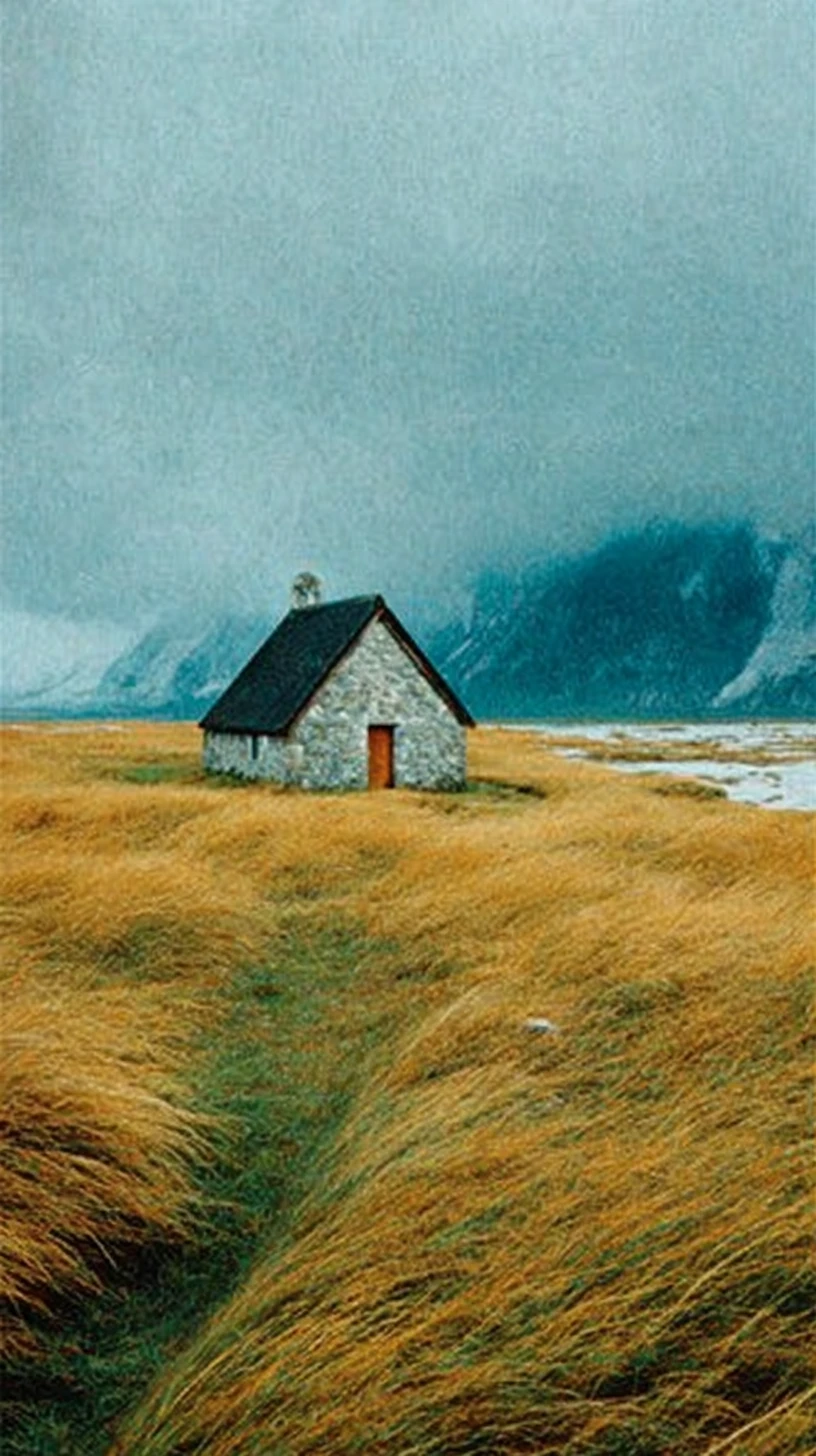 Foggy Scottish meadow with an abandoned stone countryside chapel
