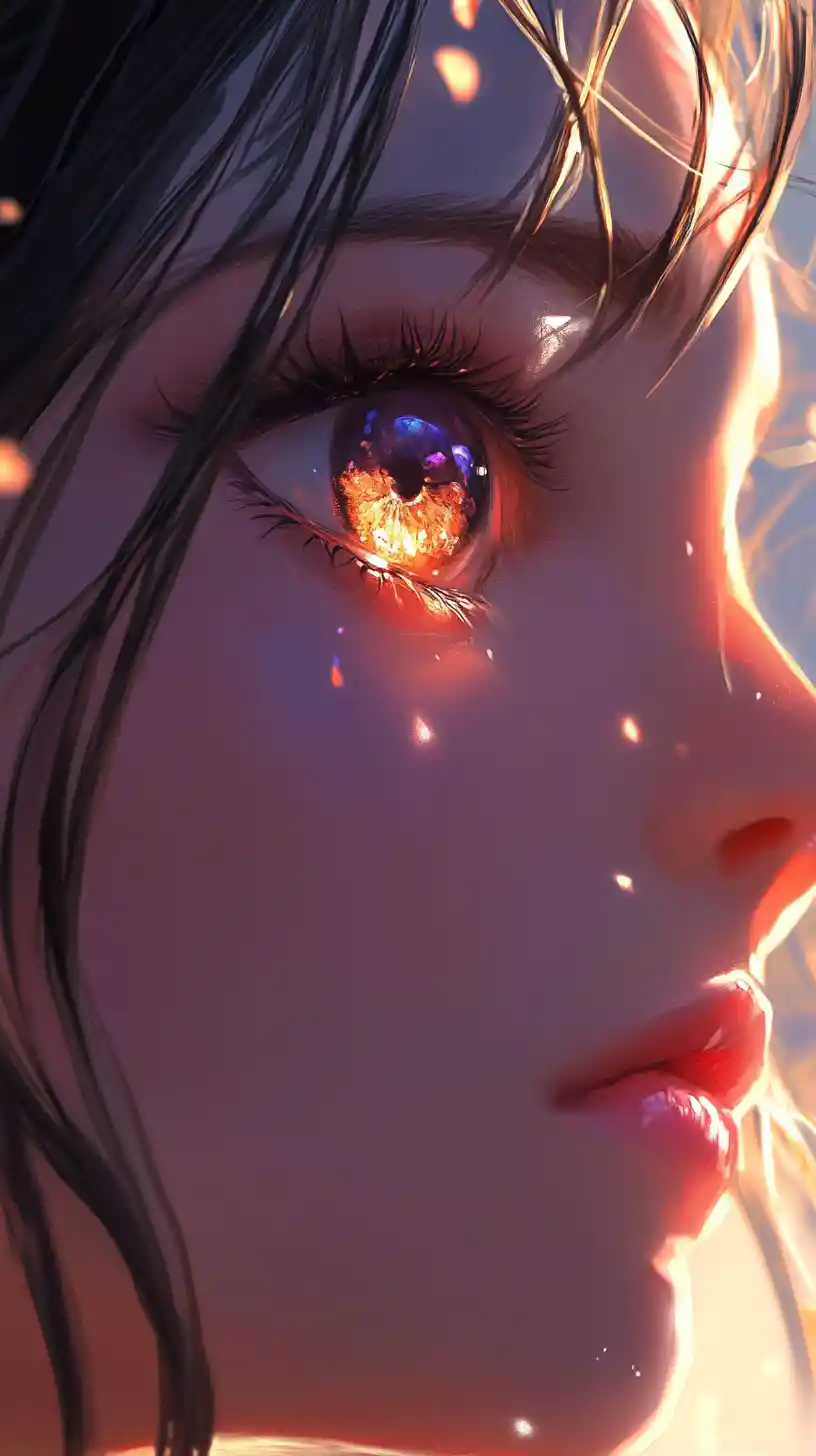 Extreme close up of an anime woman with galaxy eye