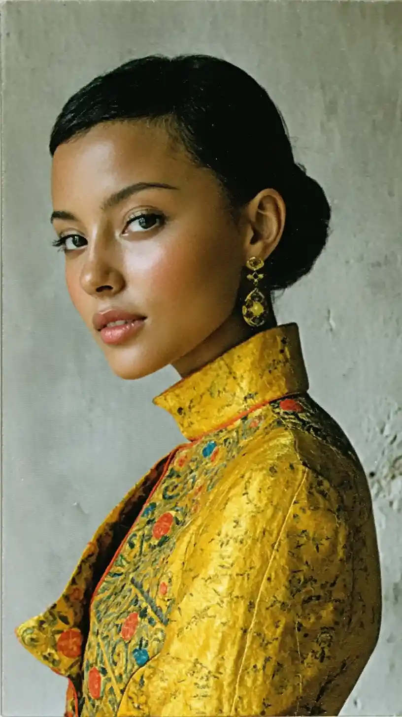Elegant woman in gold couture dress fashion portrait