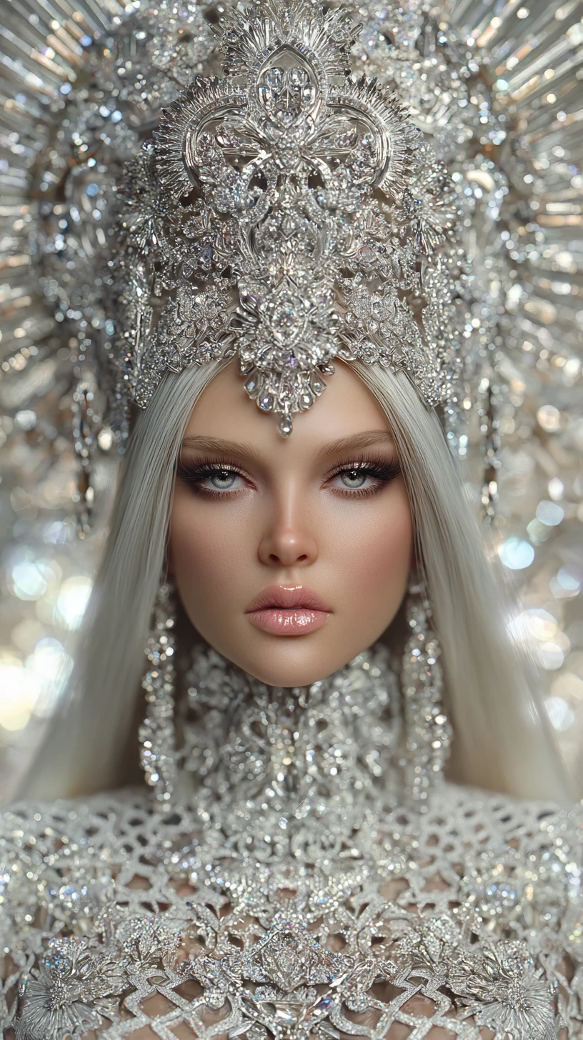Ethereal ice queen in jeweled crown and silver gown