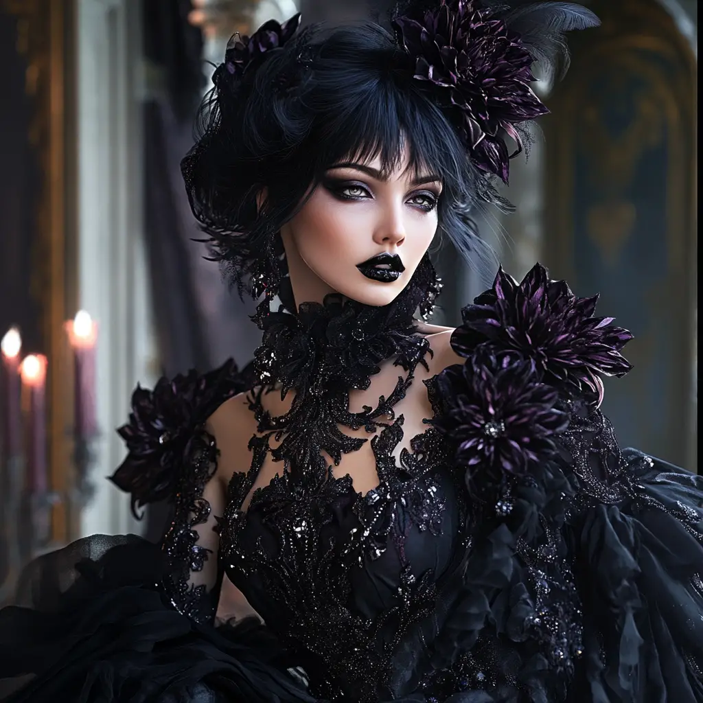 Gothic-Frau in schwarzer Blumencouture vor großem Herrenhaus