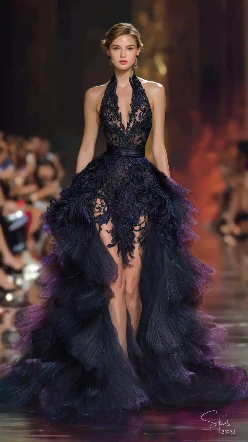 Glamorous French model on runway in layered chiffon gown