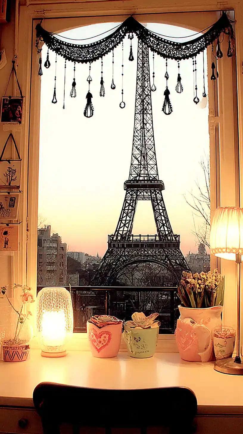 Cozy bedroom interior with vertical view of Eiffel Tower