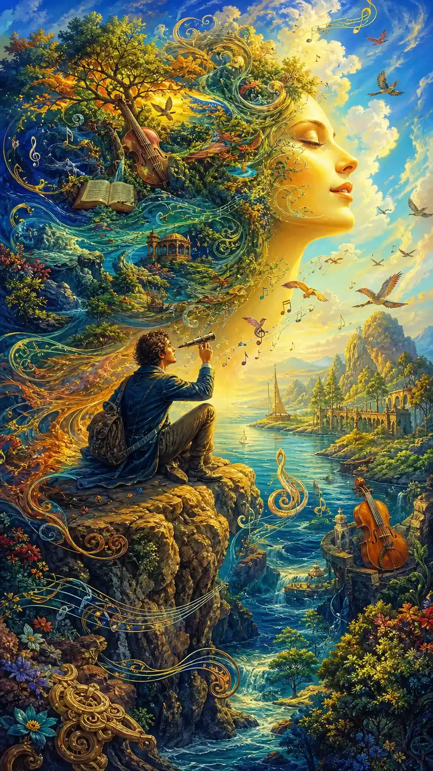 Surreal man searching for music in a bright dreamscape