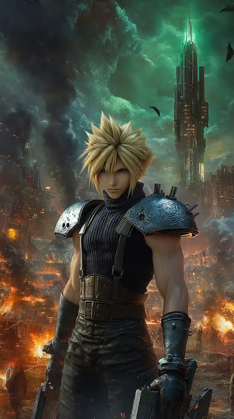 Blond warrior with giant sword in ruined dark city
