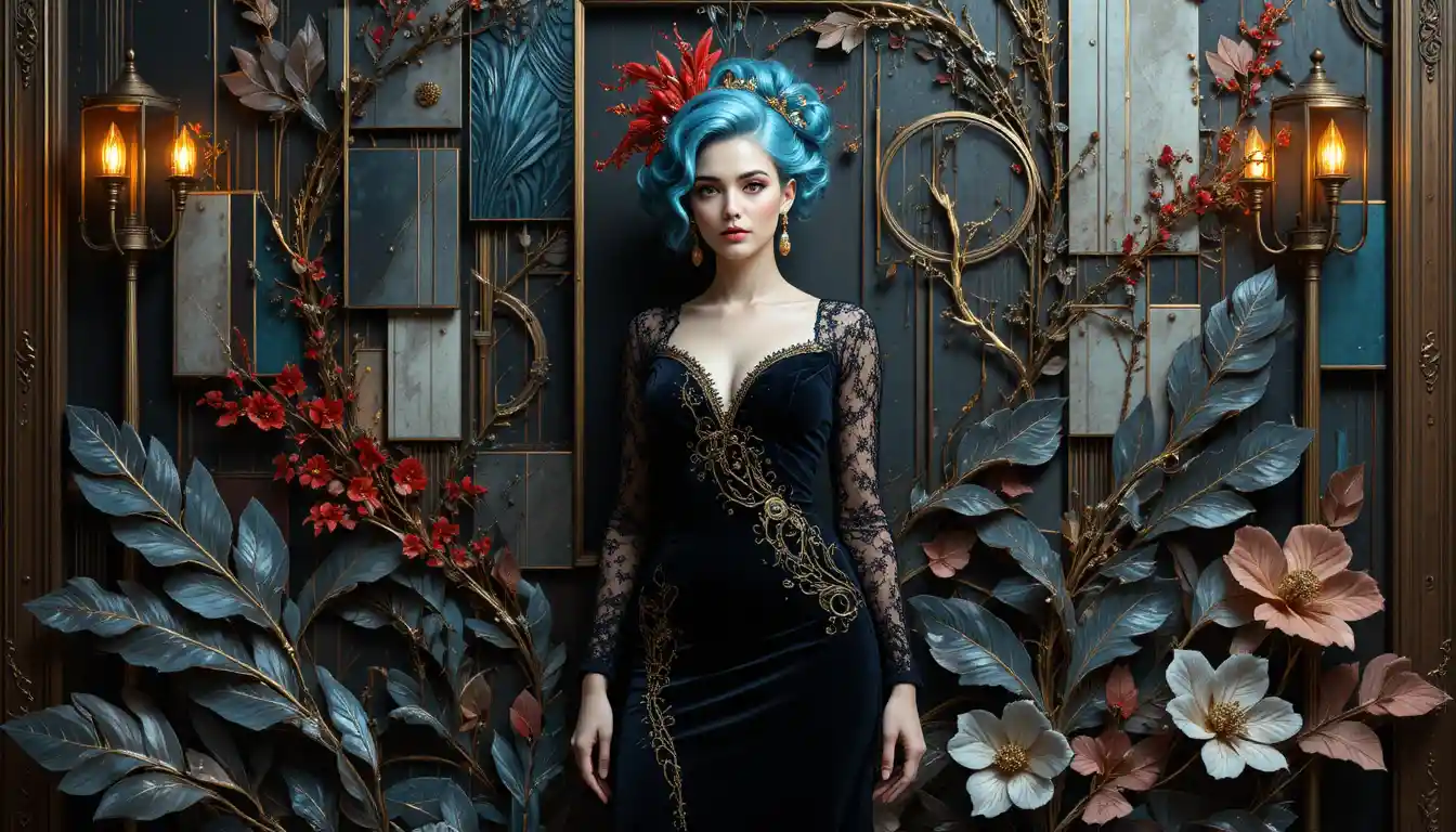 Elegant nordic woman in black velvet embroidered gown