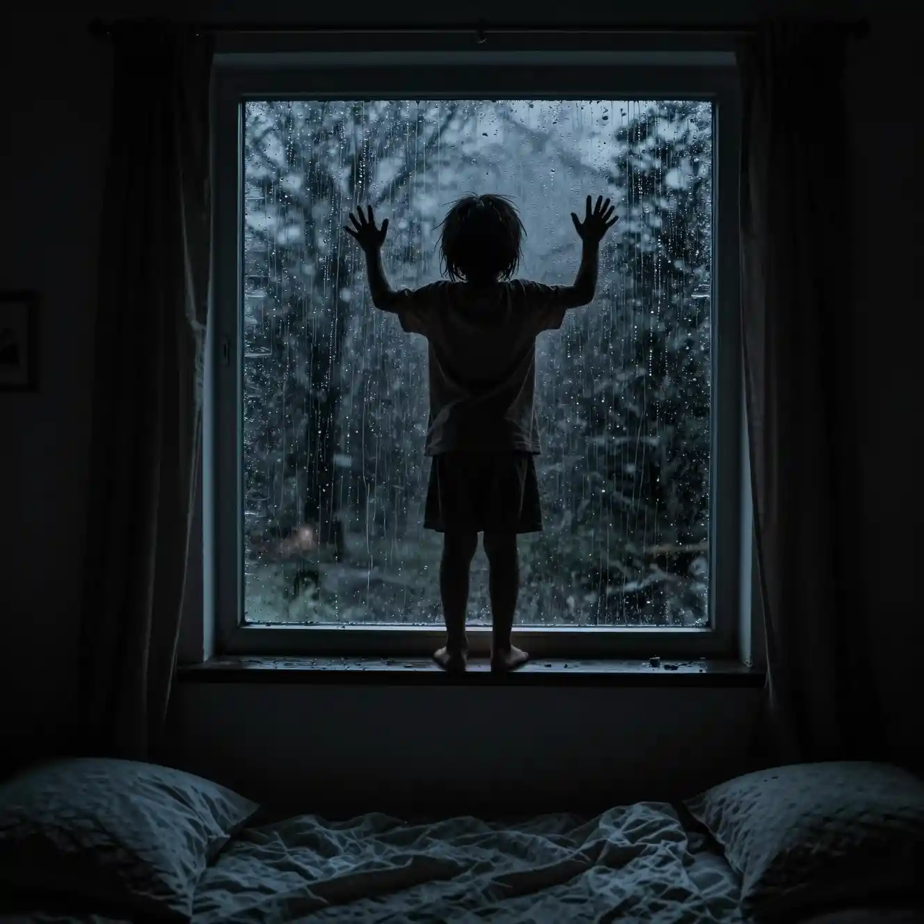 Childs bedroom window with ominous night silhouette outside
