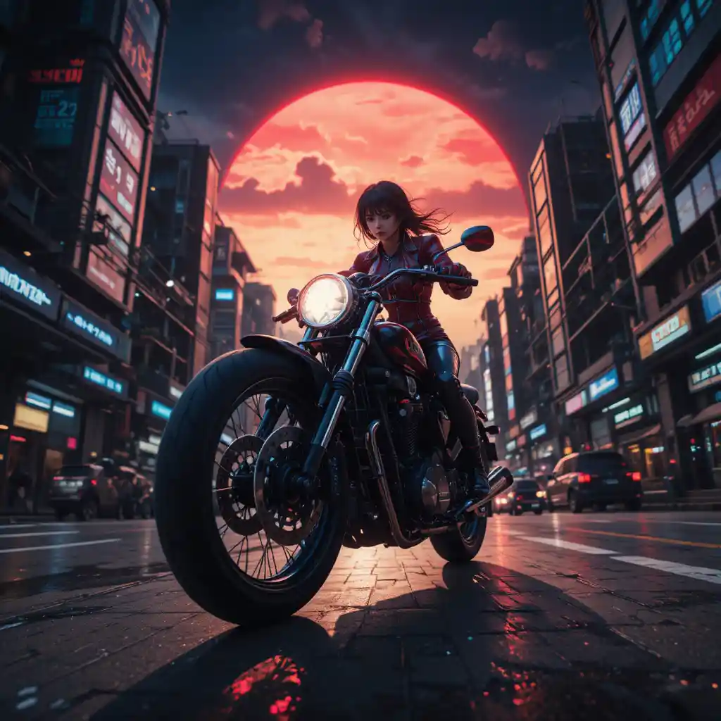 Cyberpunk biker racing through a futuristic city at sunrise