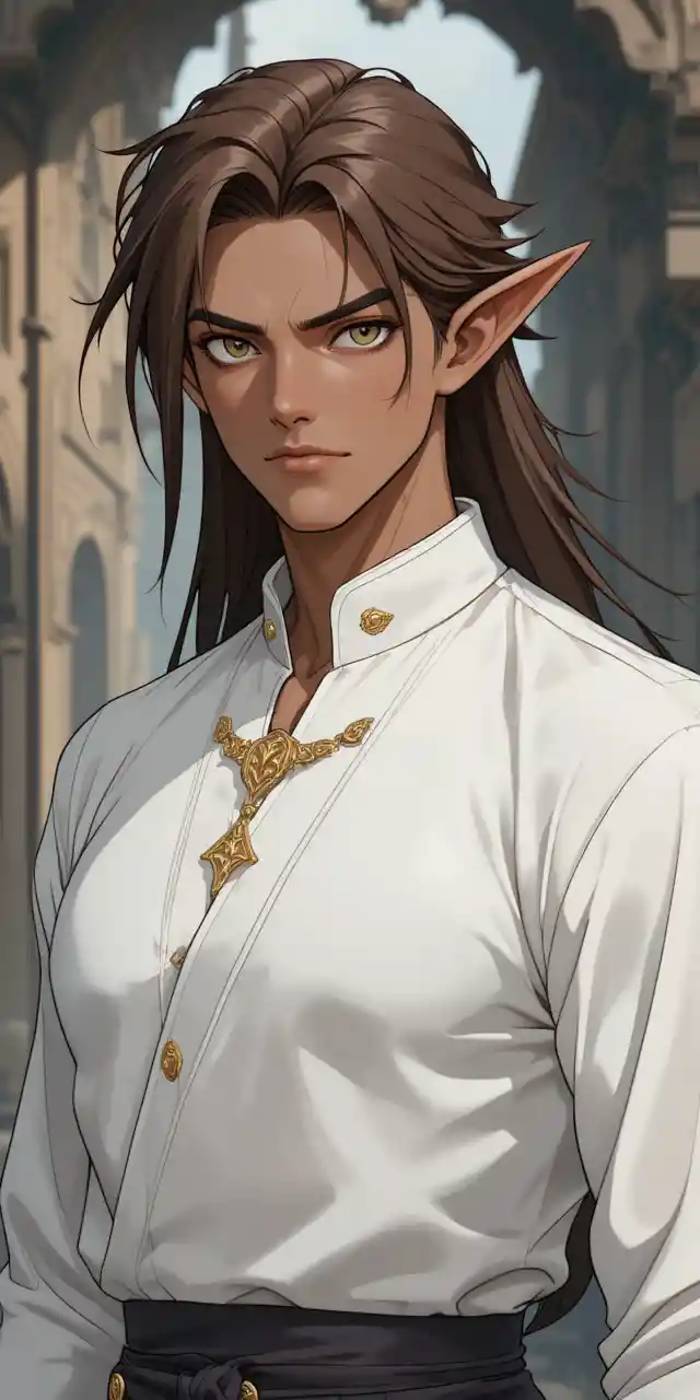 Tall brown skinned anime man with long hair and dragon tunic