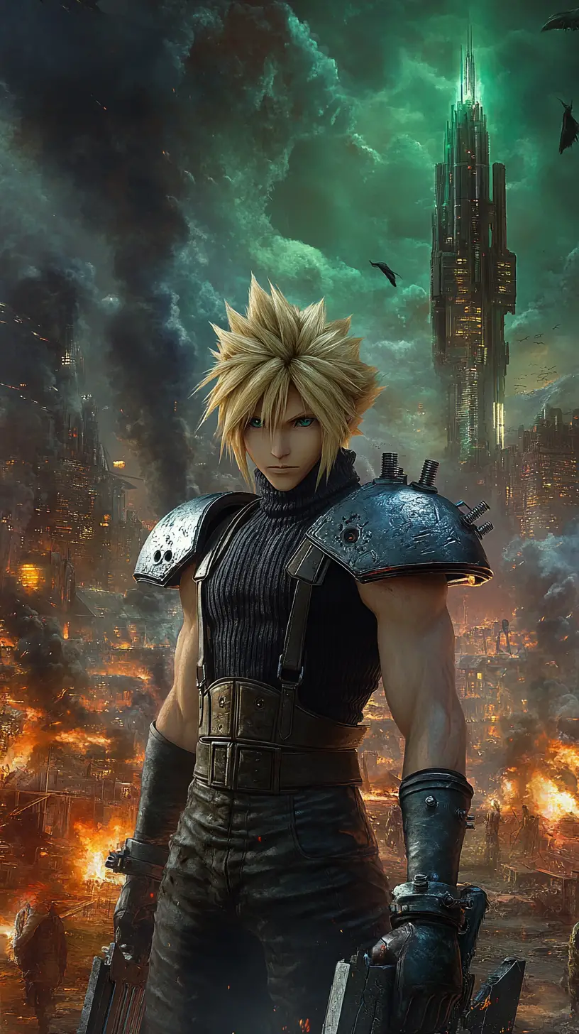 Blond warrior with giant sword in ruined dark city