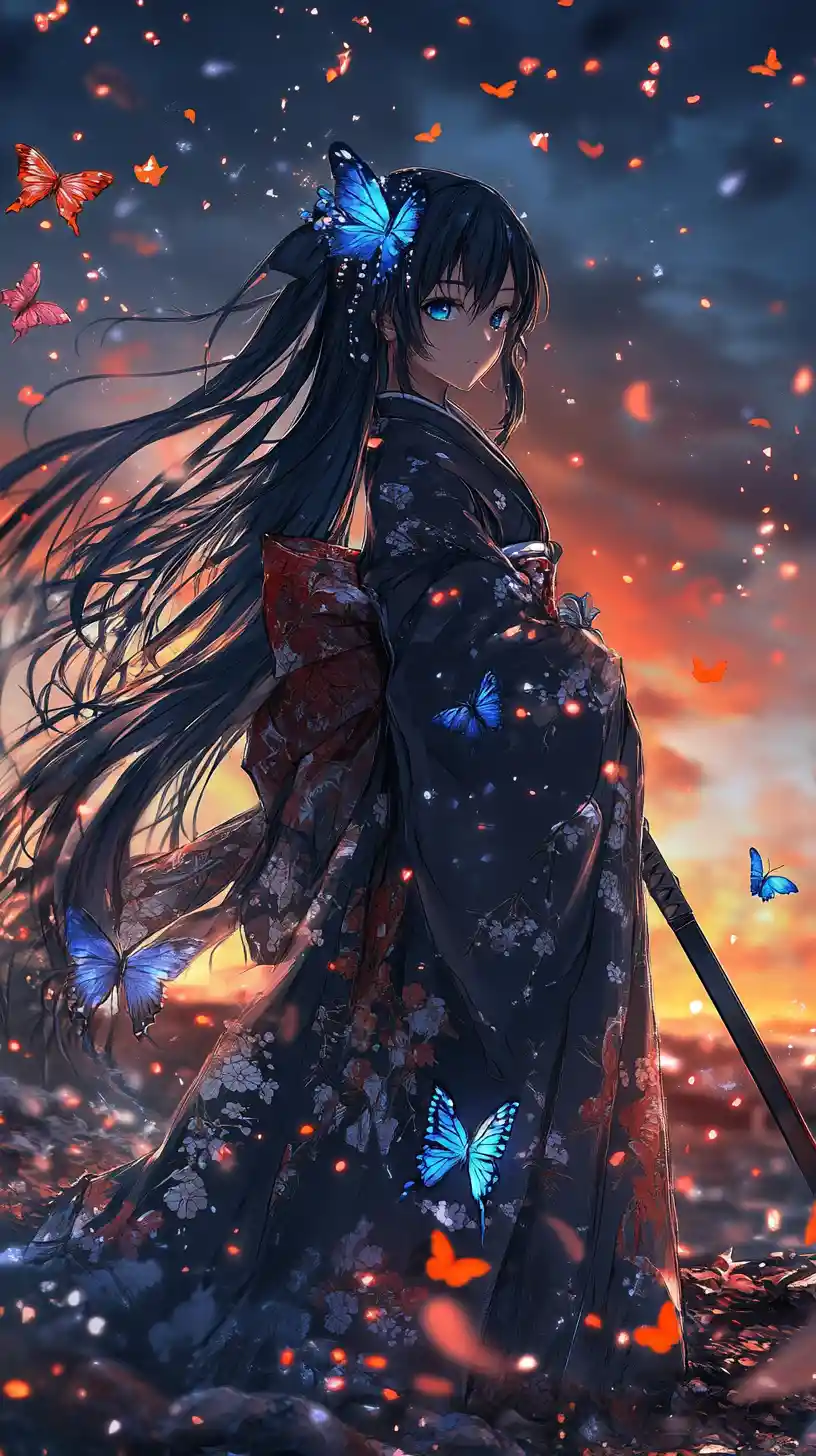 Anime swordswoman with glowing butterflies at twilight