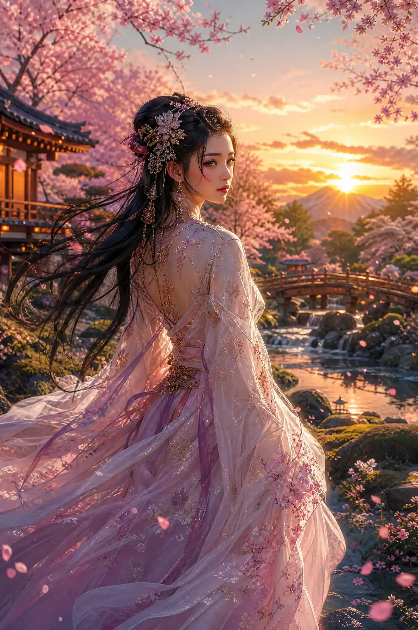 Mystical woman in a tranquil Japanese garden at sunset