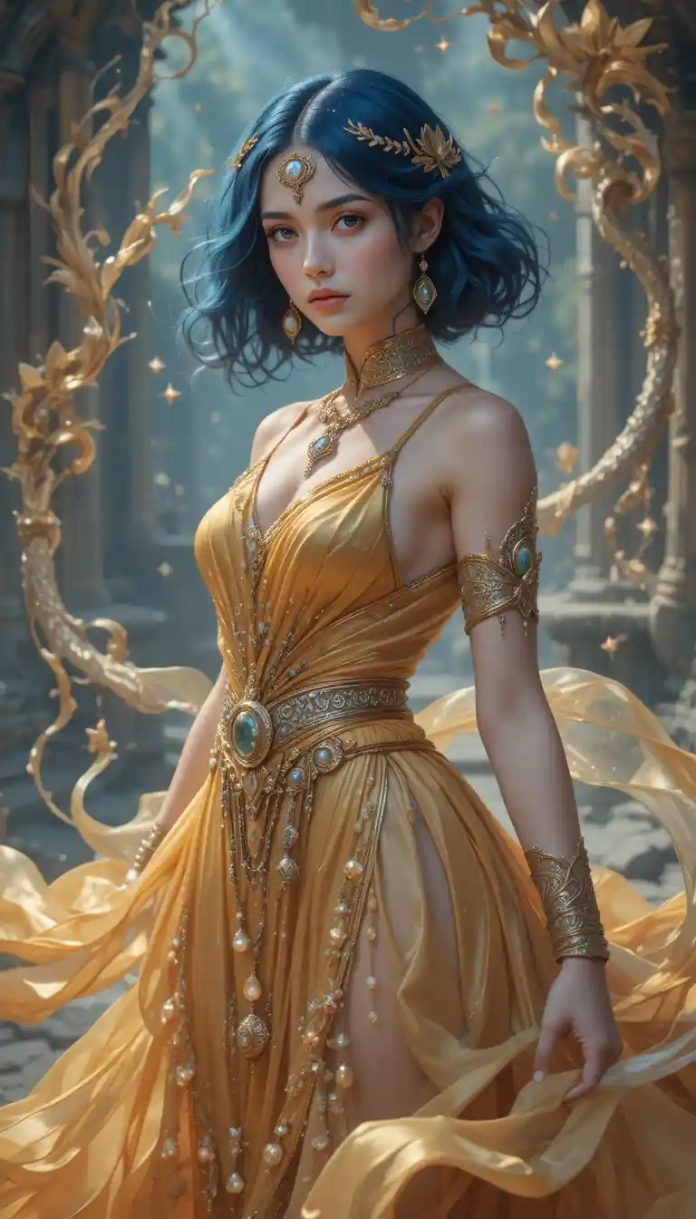 Young magical girl with indigo hair in flowing genie robes