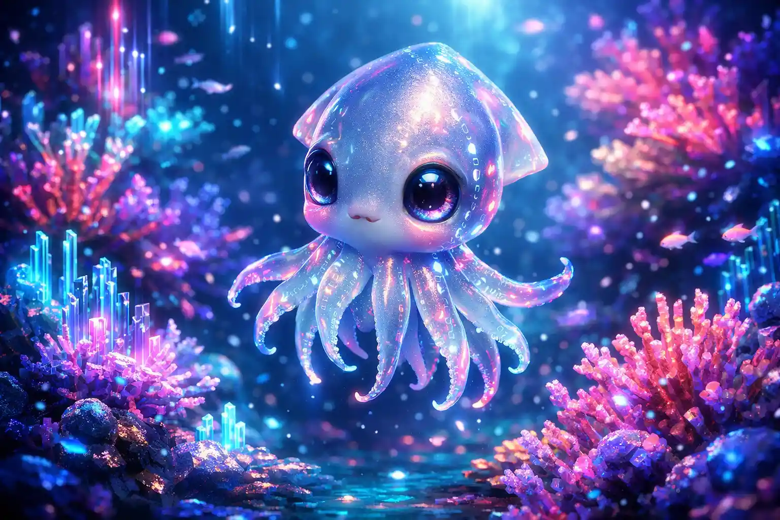 Cute baby squid in glowing digital coral reef