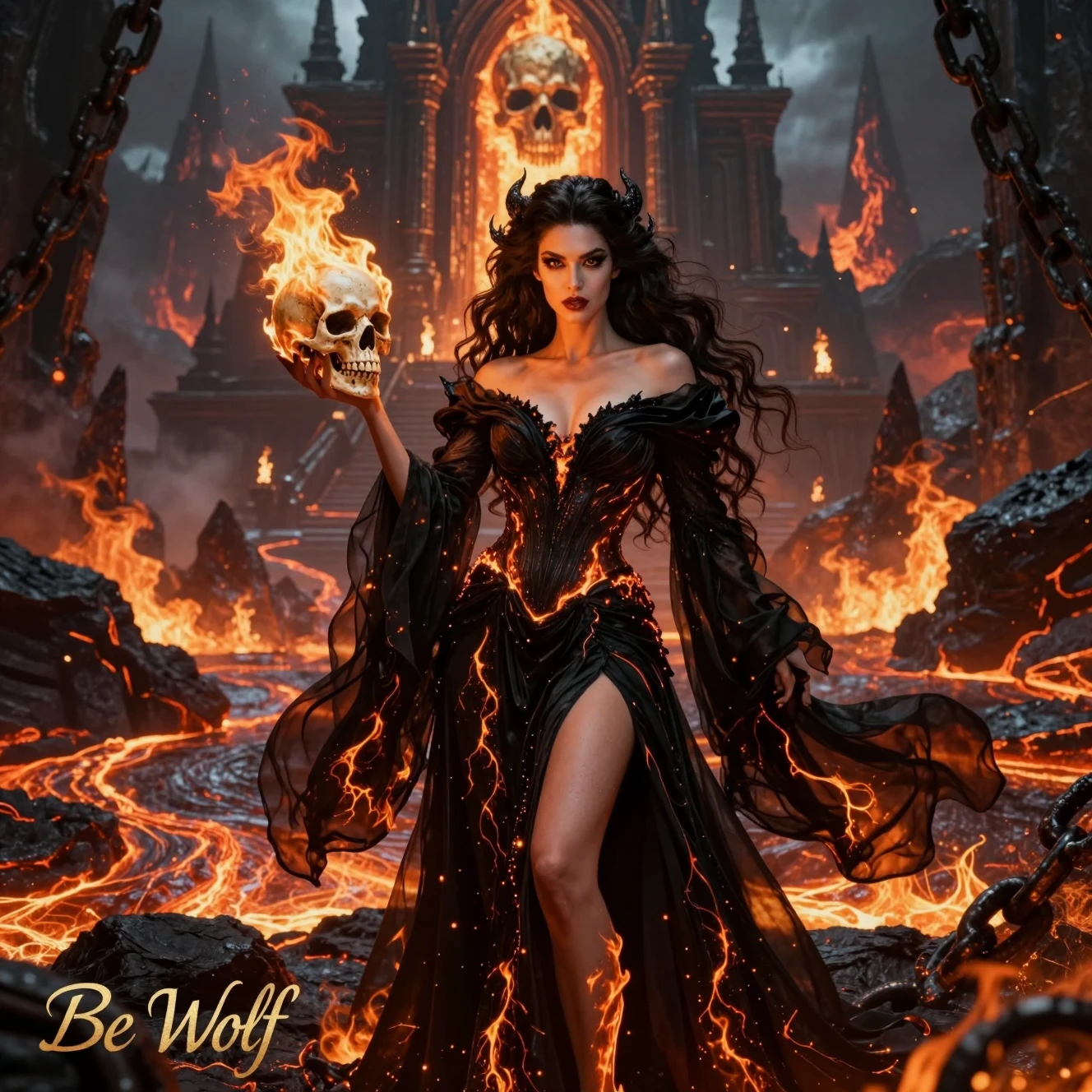 Infernal queen in flowing black gown amid molten underworld