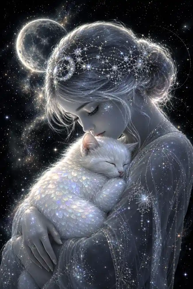 Celestial woman with silver skin cradling a sleeping kitten