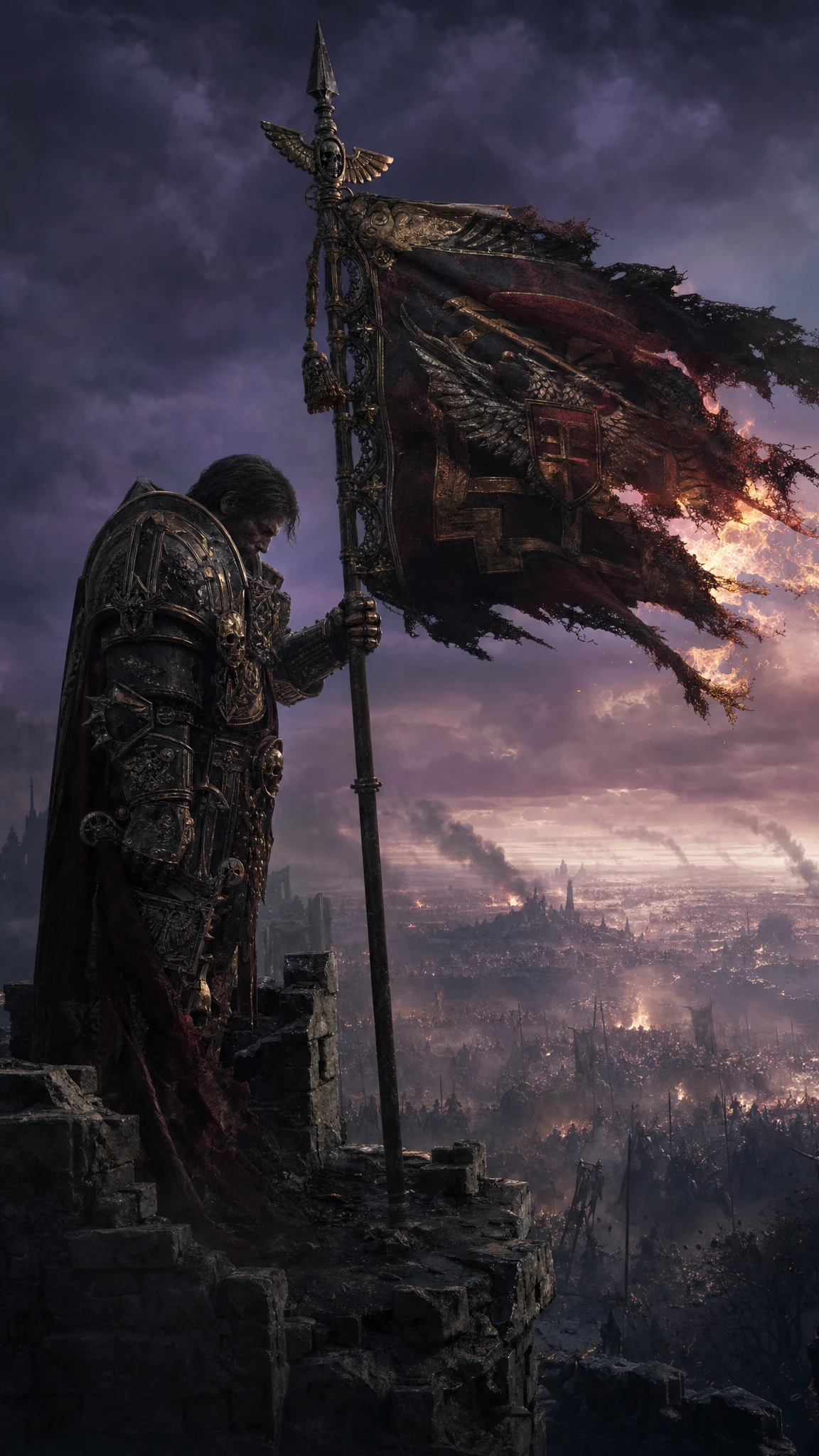 Lone paladin with burning banner atop ruined fortress walls