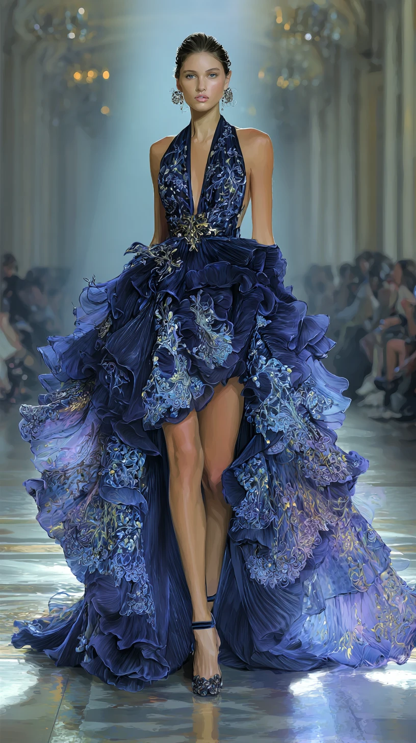 French supermodel in couture gown on Paris runway