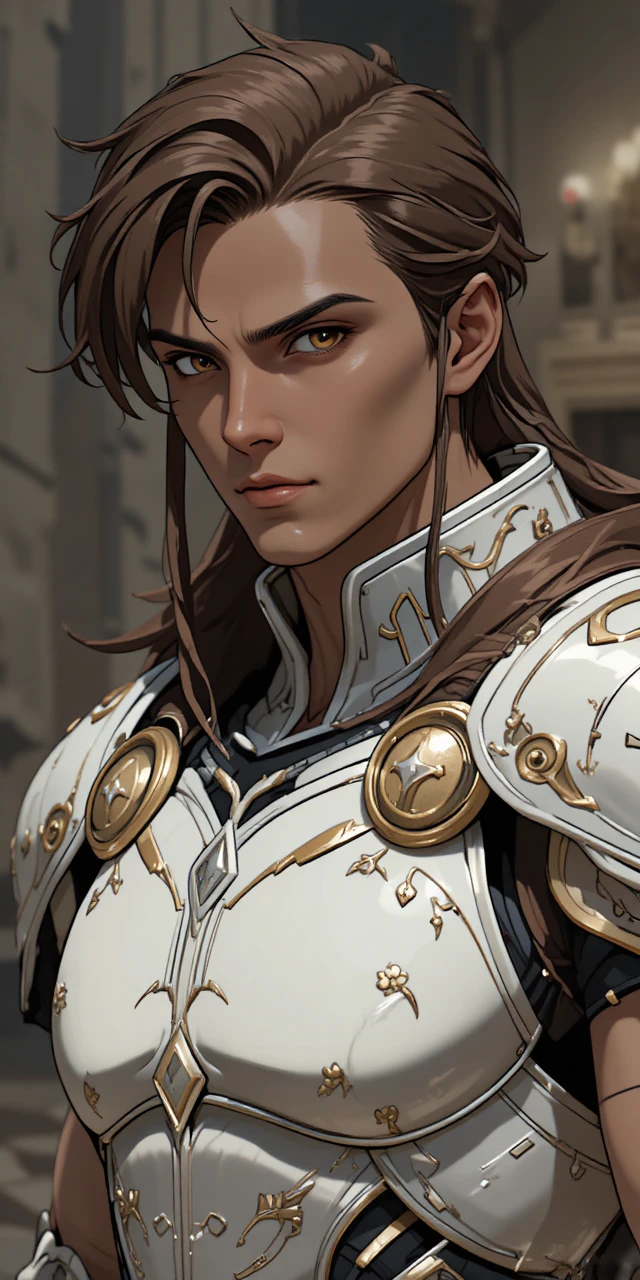 Armored fantasy warrior with dark hair and elven features