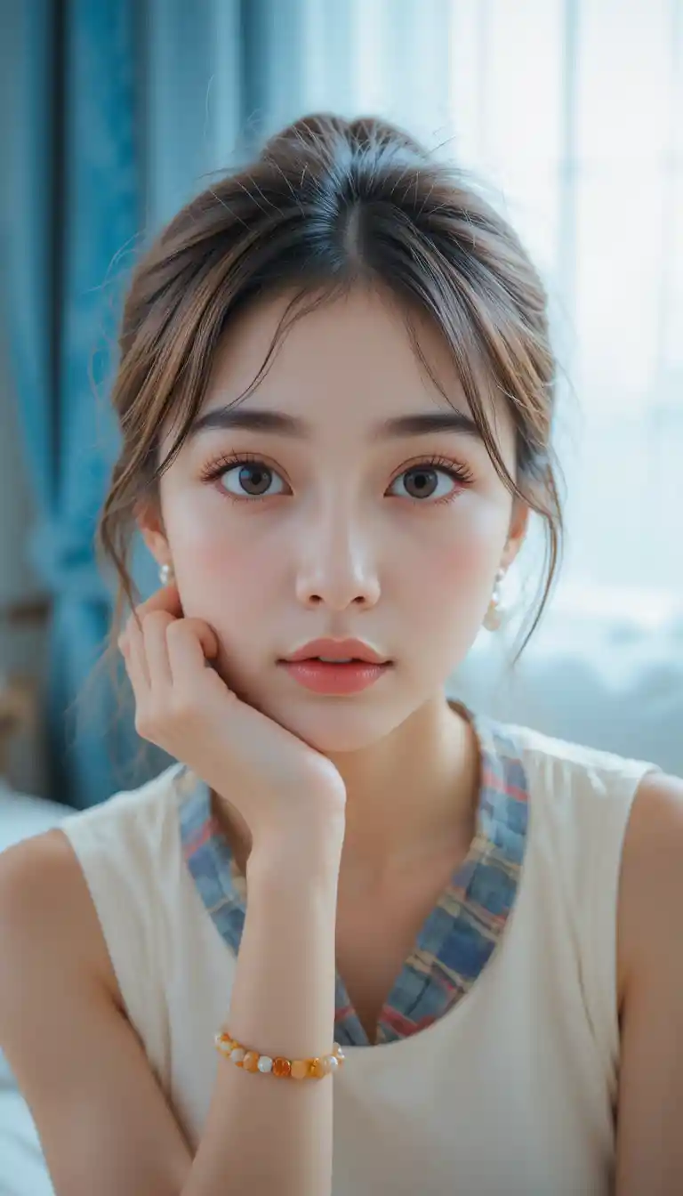 Young Asian woman portrait in a soft lit bedroom