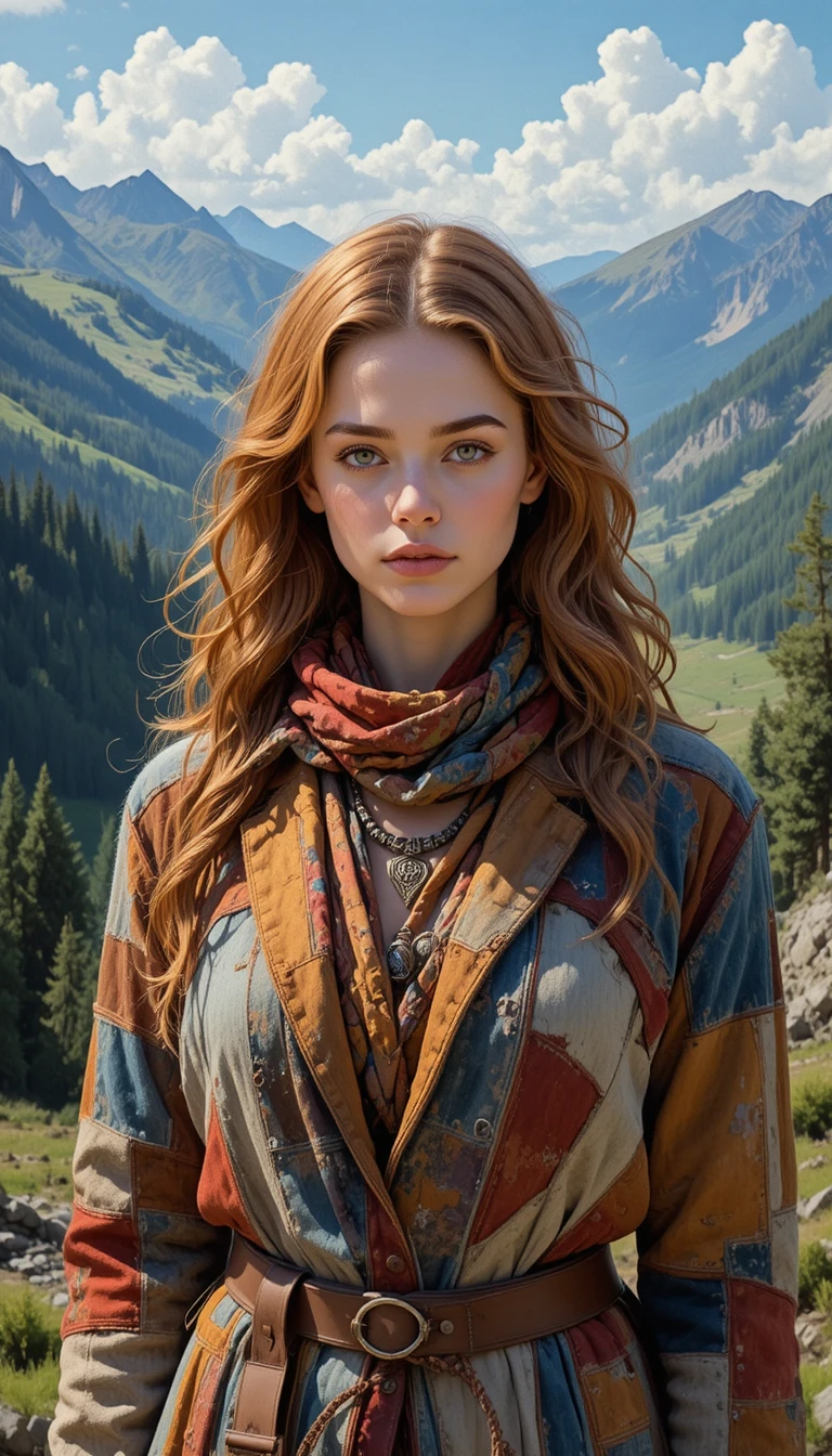 Woman in patchwork coat overlooking a forest valley