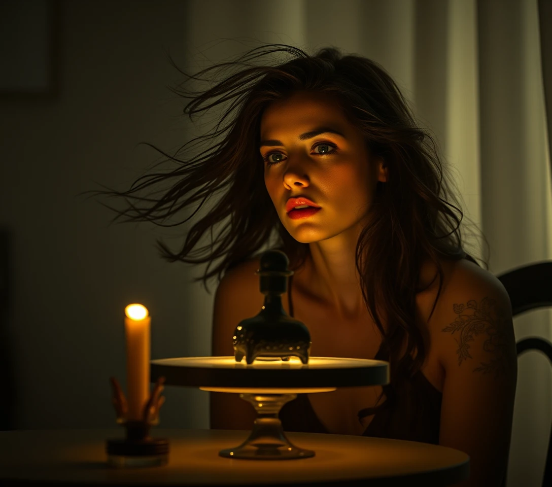 Melancholic woman in the wind beside a glowing light table