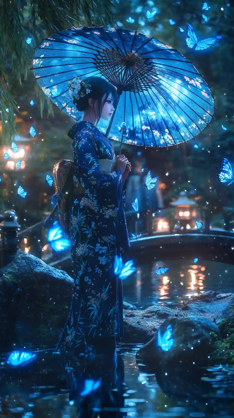 Anime girl on bridge in glowing bamboo forest night