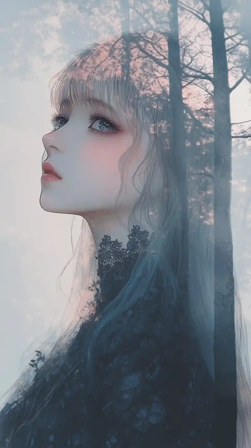 Anime girl in gothic dress with haunting forest overlay