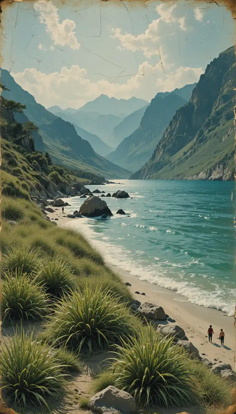 Retro abstract summer mountain beach with malachite water texture