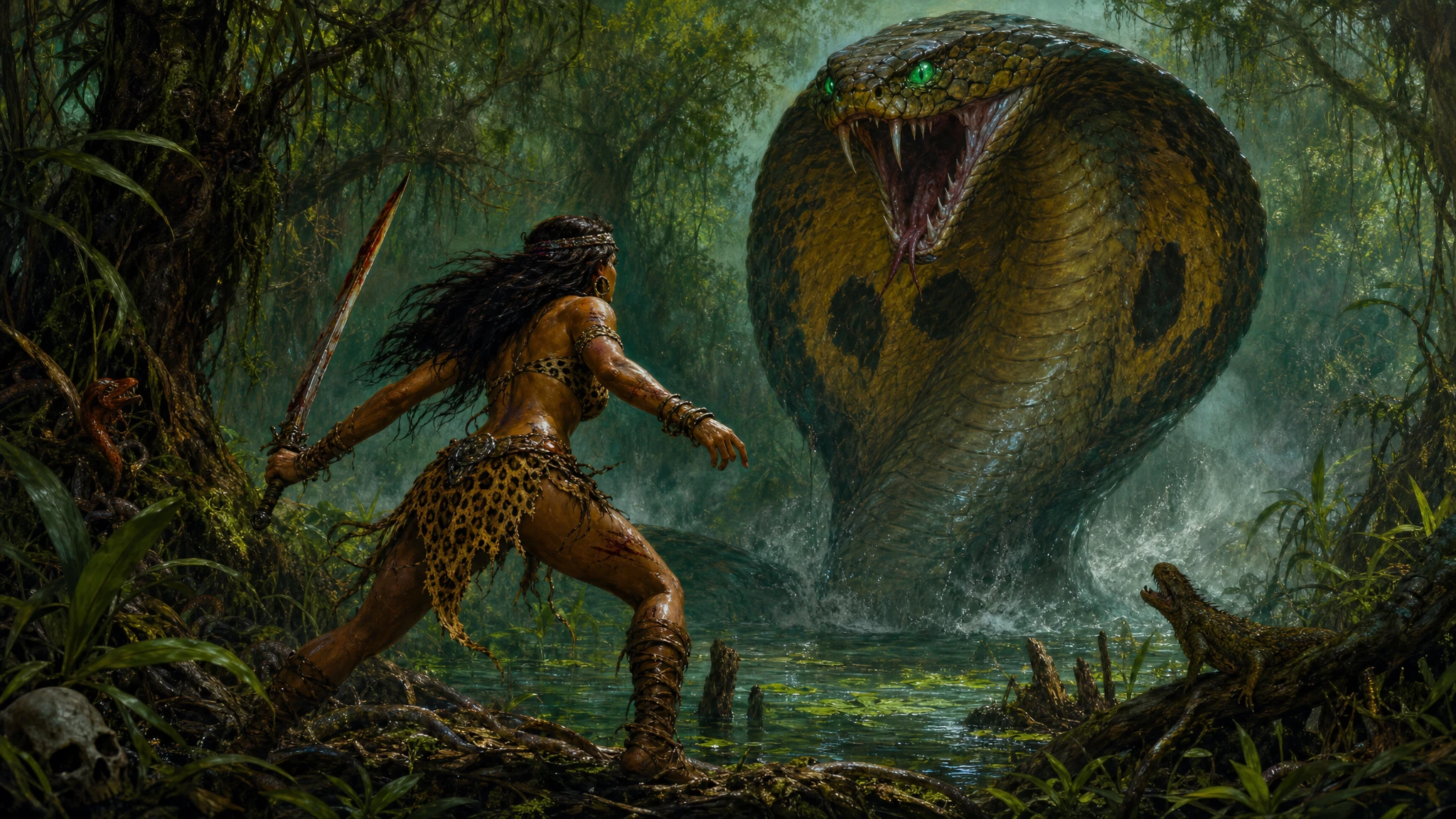 Barbarian warrior woman facing giant serpent in swamp