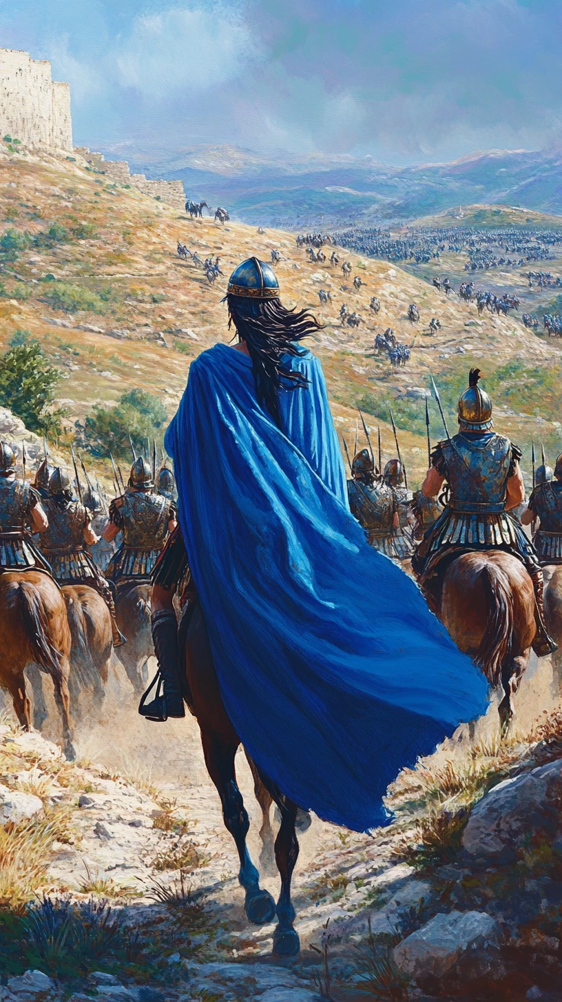 Mounted warrior woman leading Macedonian riders above battlefield