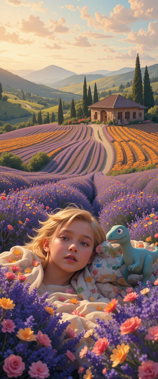 Sleeping blond boy on carpet with dinosaur plush toy