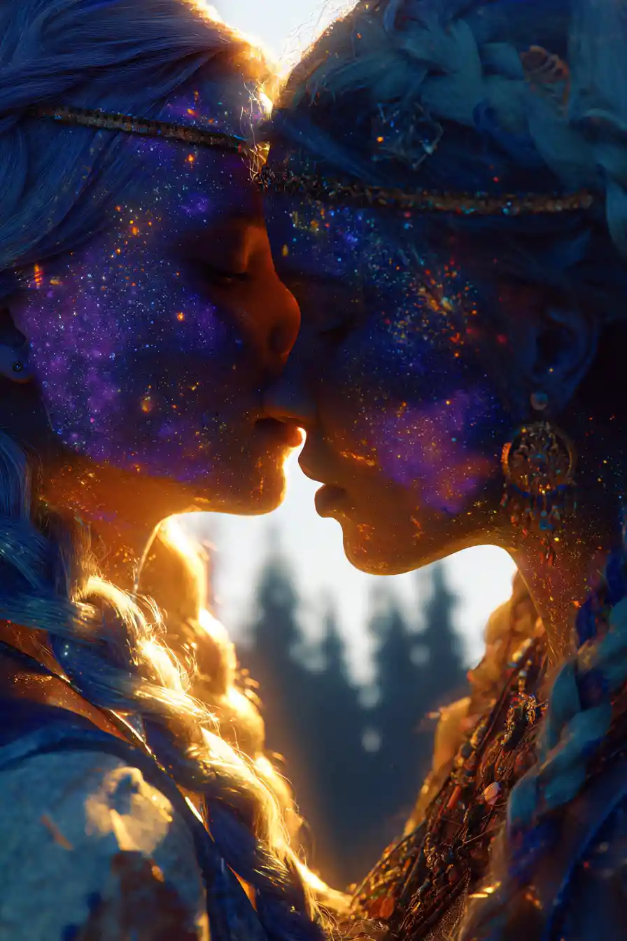 Two celestial lovers in an intimate cosmic embrace